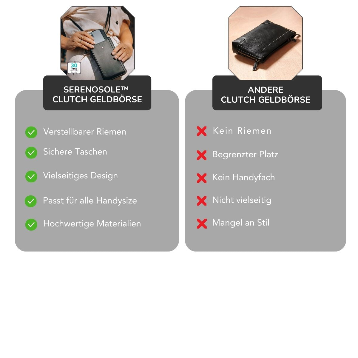 Serenosole™ SwiftClutch | Passt für all deine Essentials und hält deine Hände frei