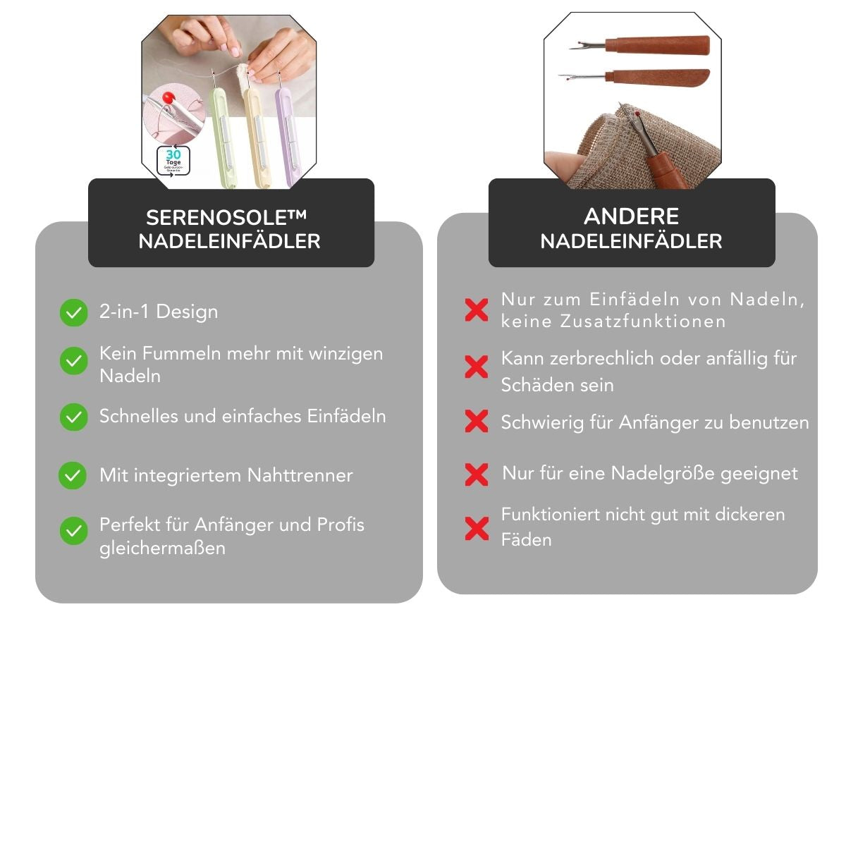 Serenosole™ SnapStitch 2-in-1 Nadeleinfädler Nahttrenner | Fädelt deine Nadel in Sekunden ein und hilft dir, Fehler mühelos zu korrigieren (2+1 GRATIS)