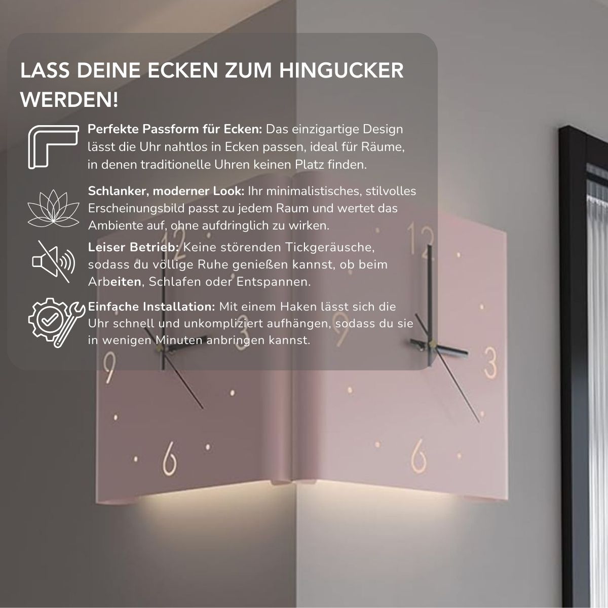 Serenosole™ TimeEdge Eckenrand Uhr | Passt nahtlos in Ecken und sieht dabei stilvoll aus | Trendigste Eckuhr 2024